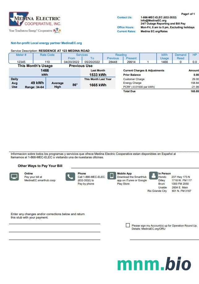 USA Texas Medina Electric rachunek za media szablon w formacie Word i PDF